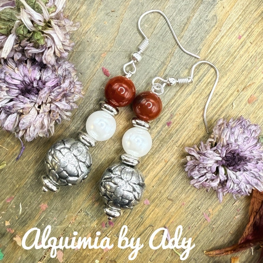 Carnelian and pearls dangle silver beaded earrings